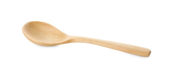 Photo of One empty wooden spoon isolated on white