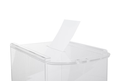 Photo of Transparent ballot box with vote isolated on white