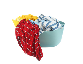 Photo of Laundry basket with clothes isolated on white