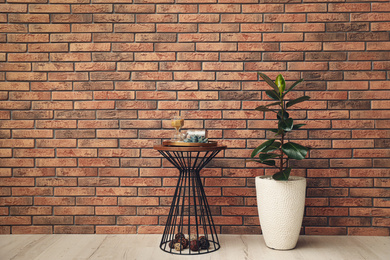 Photo of Stylish room interior with beautiful plant and side table near brick wall. Space for text