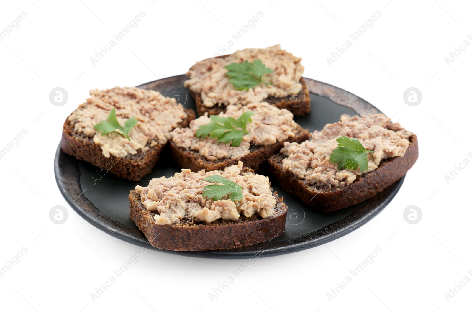 Photo of Tasty sandwiches with cod liver and parsley isolated on white