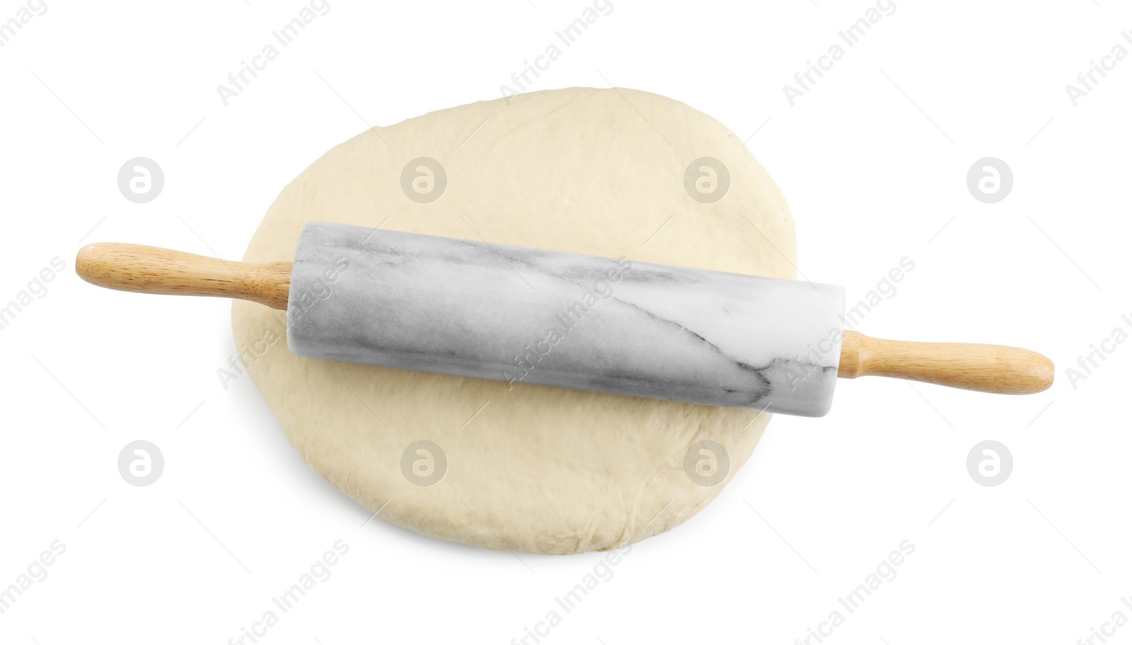 Photo of Raw dough and rolling pin isolated on white, top view