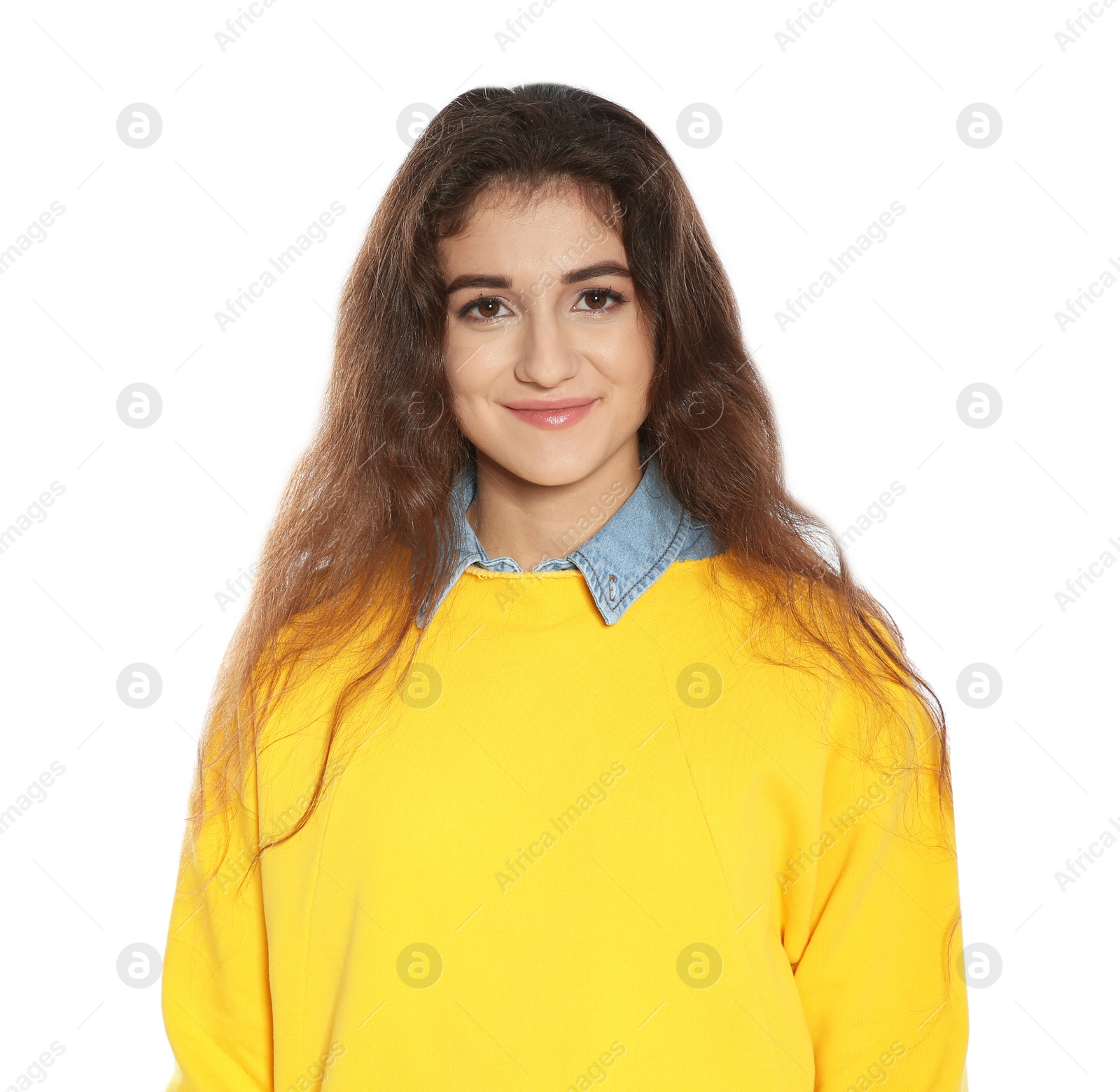 Photo of Beautiful young woman in stylish clothes on white background