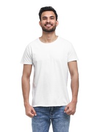 Smiling man in t-shirt on white background