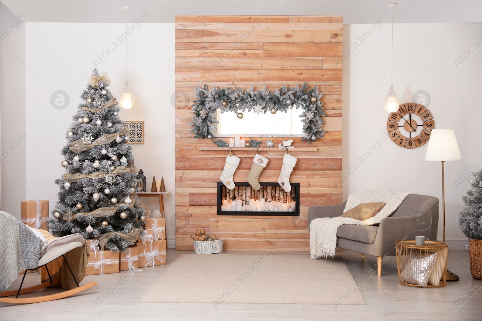 Photo of Beautiful interior of living room with decorated Christmas tree