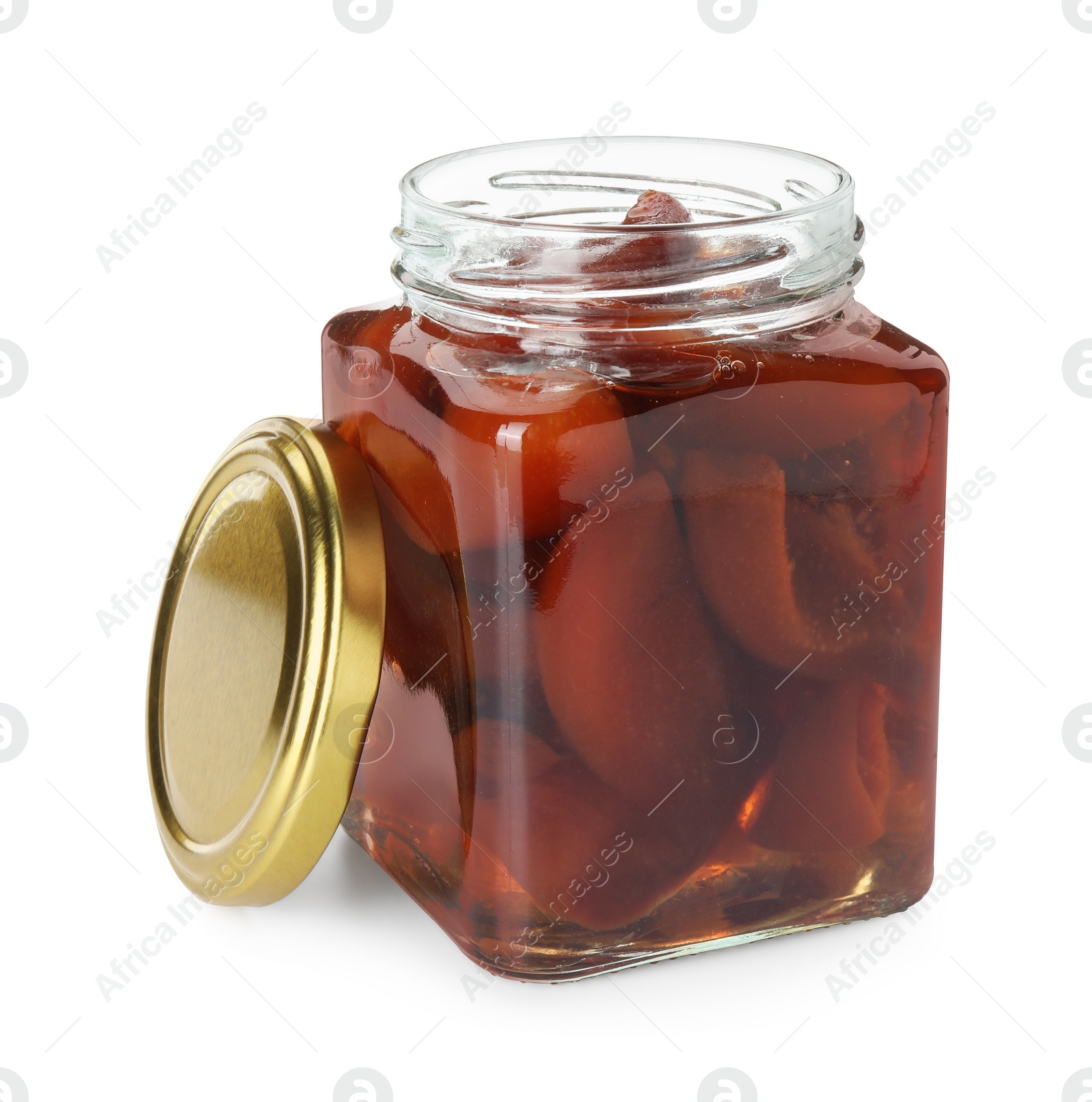 Photo of Tasty homemade quince jam in jar isolated on white