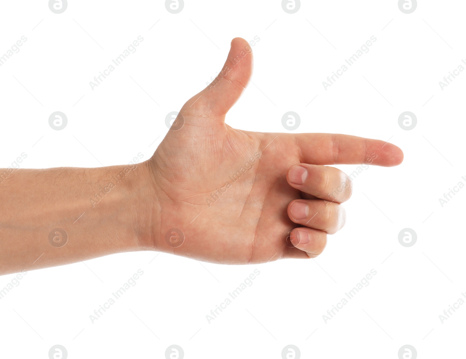 Photo of Man making frame with hand on white background, closeup