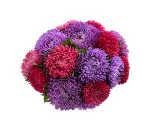 Photo of Bouquet of beautiful asters isolated on white, top view. Autumn flowers