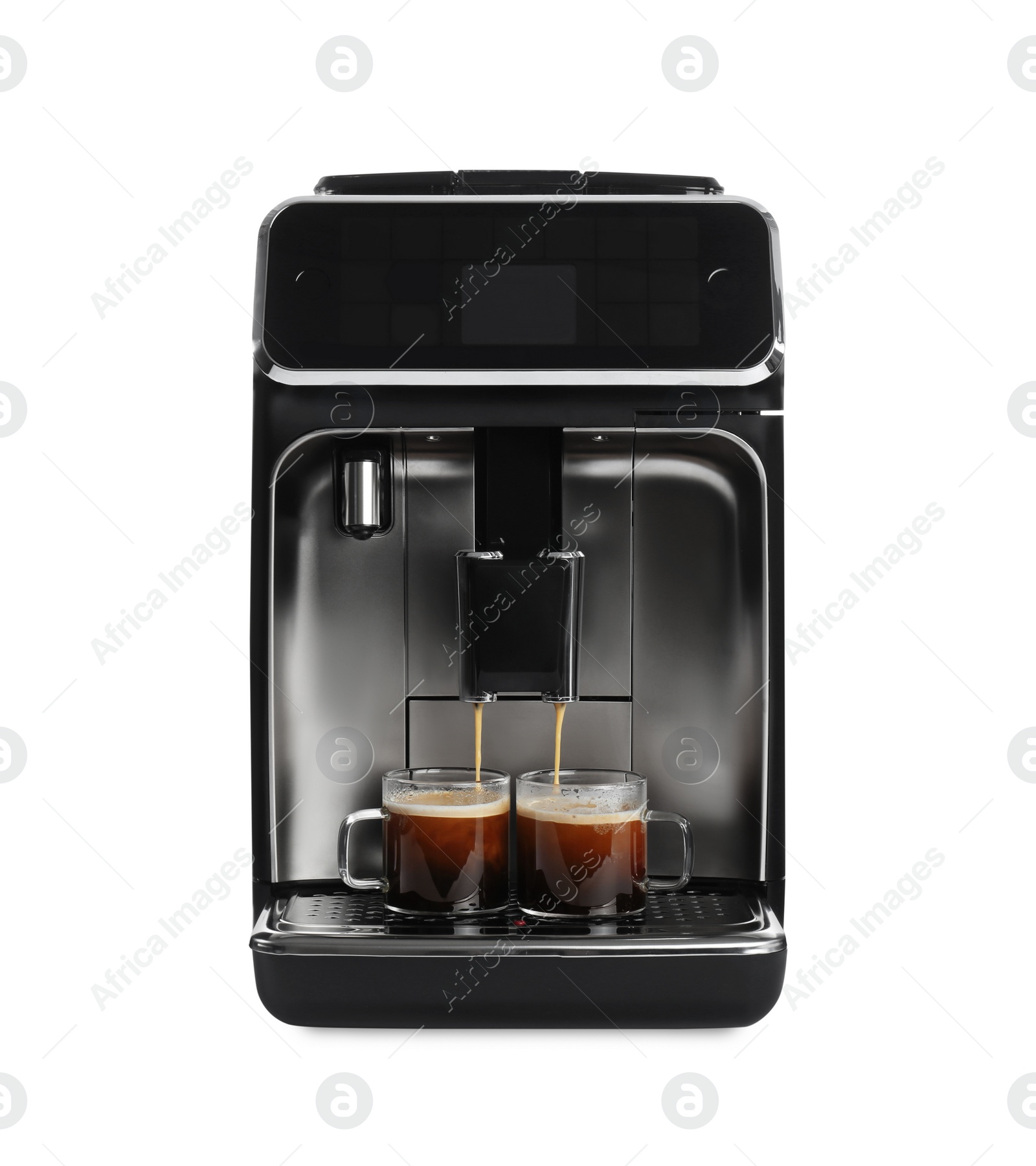Photo of Making coffee with modern espresso machine on white background