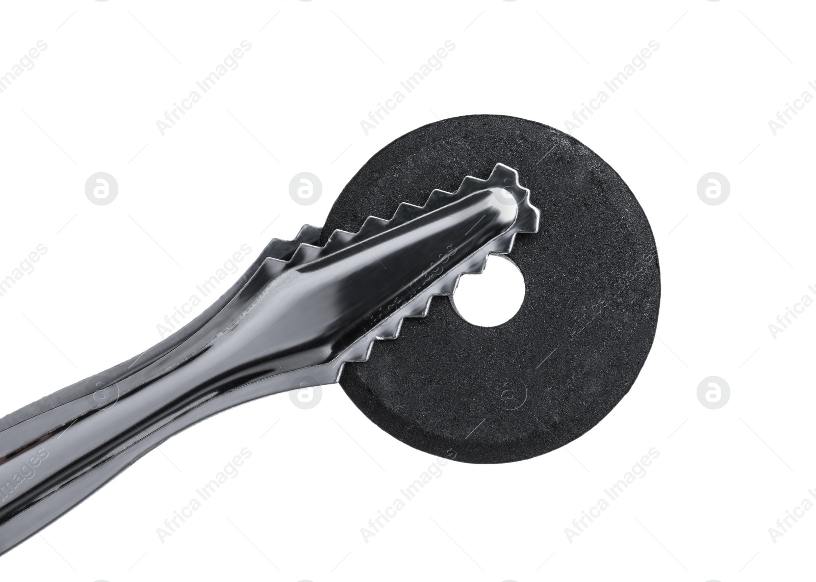 Photo of Tongs with charcoal ring for hookah on white background