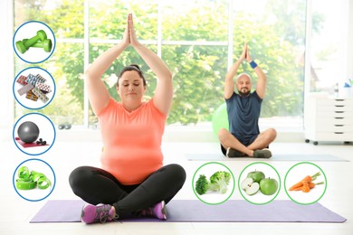 Image of Weight loss concept. Overweight man and woman practicing yoga in gym