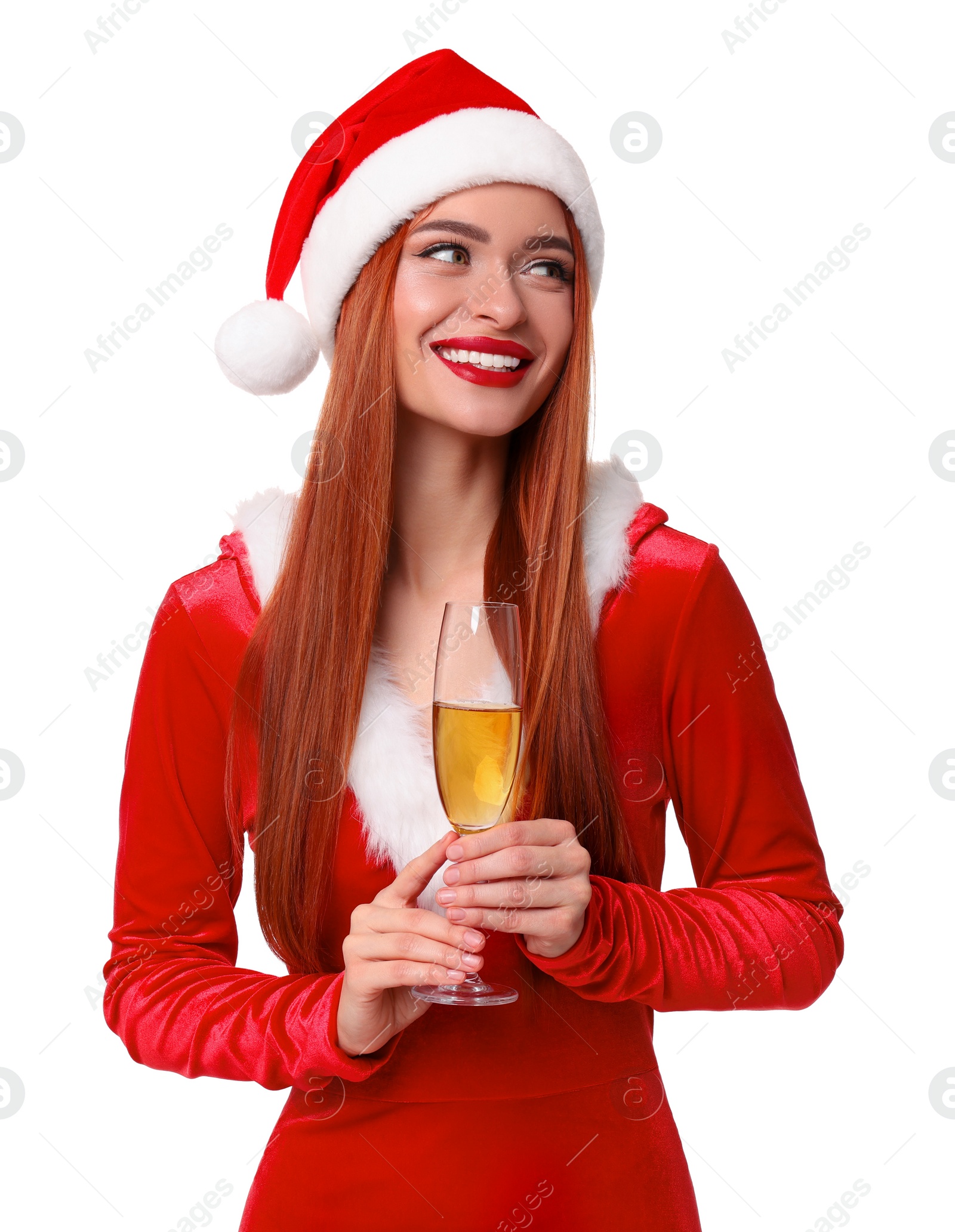 Photo of Young woman in red dress and Santa hat with glass of wine on white background