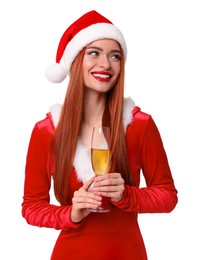 Photo of Young woman in red dress and Santa hat with glass of wine on white background