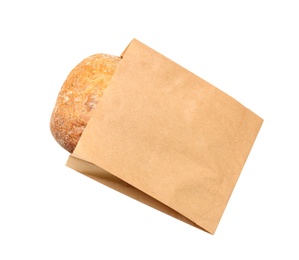 Paper bag with bread on white background, top view. Space for design