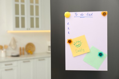 Blank To do list and notes on fridge in kitchen. Space for text