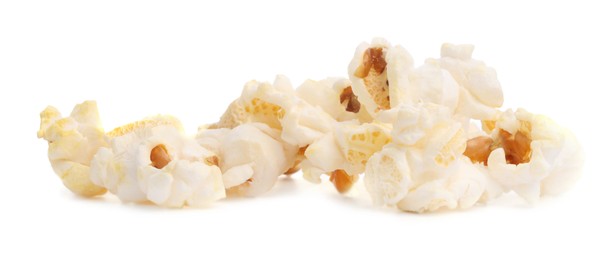 Photo of Fresh popcorn isolated on white. Tasty snack