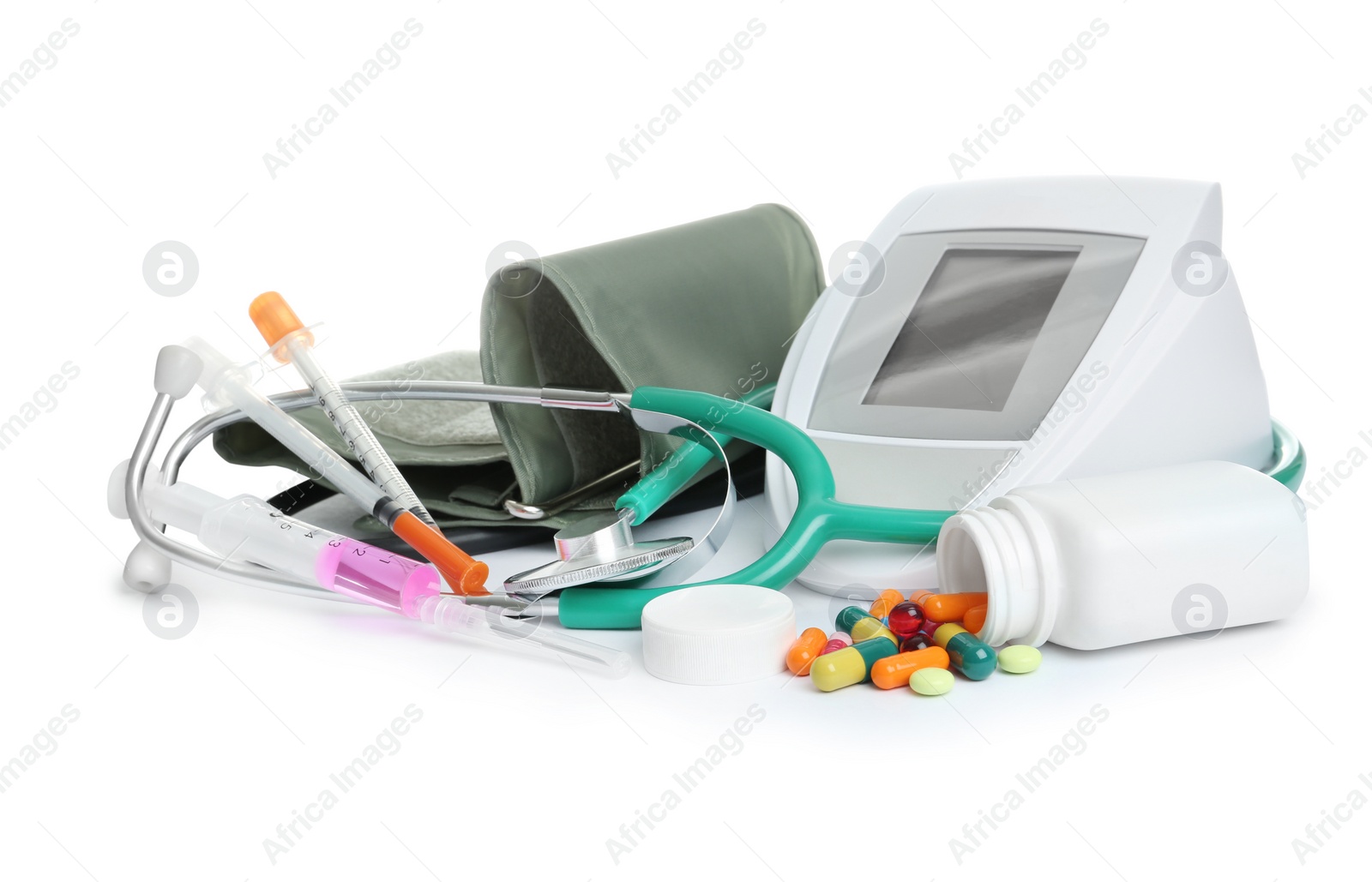 Photo of Different medical objects on white background. Health care