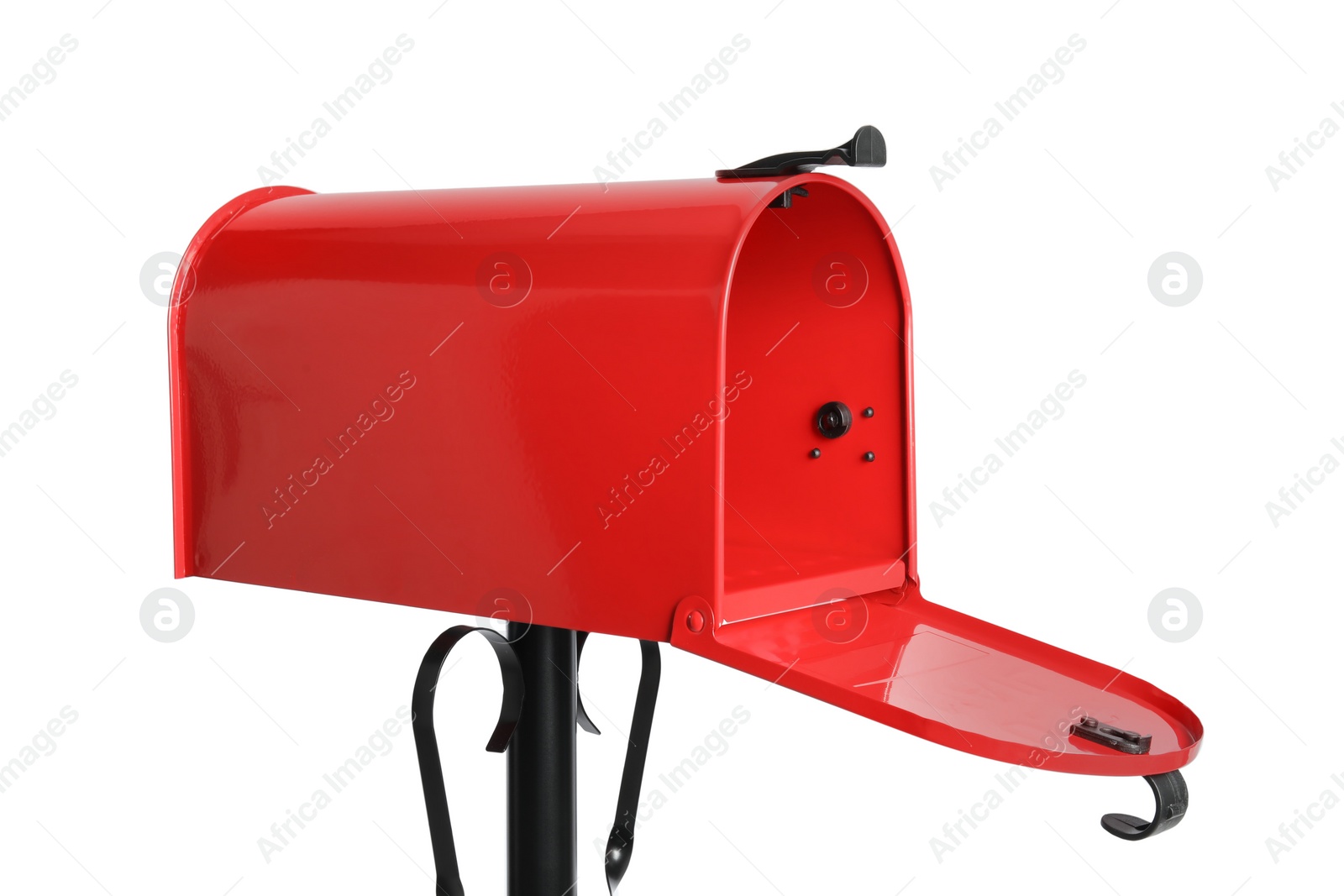 Photo of Open red letter box on white background