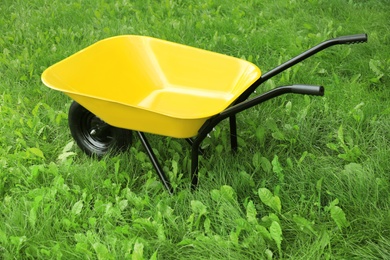 Yellow wheelbarrow on green grass outdoors. Gardening tool