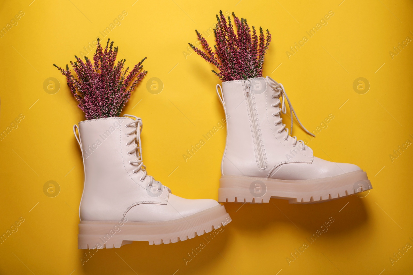 Photo of Pair of stylish leather shoes with heather flowers on yellow background, flat lay