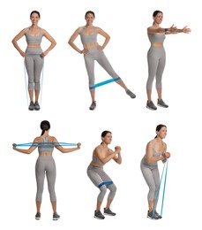 Woman doing sportive exercises with fitness elastic band on white background, collage