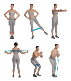 Image of Woman doing sportive exercises with fitness elastic band on white background, collage