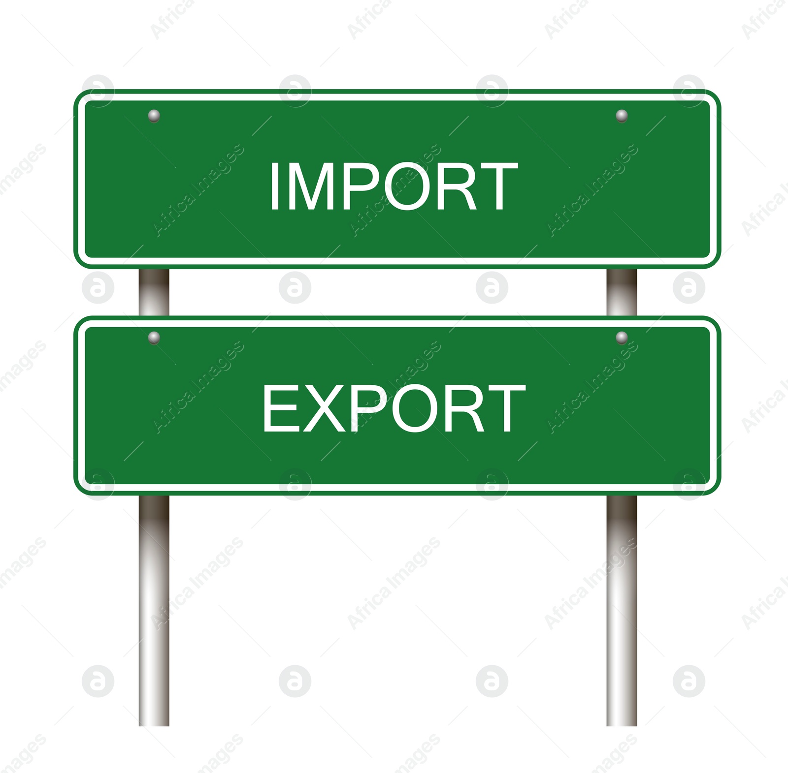 Illustration of Import Export rectangle shaped green road sign on white background