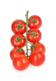 Photo of Branch of red ripe cherry tomatoes isolated on white, top view