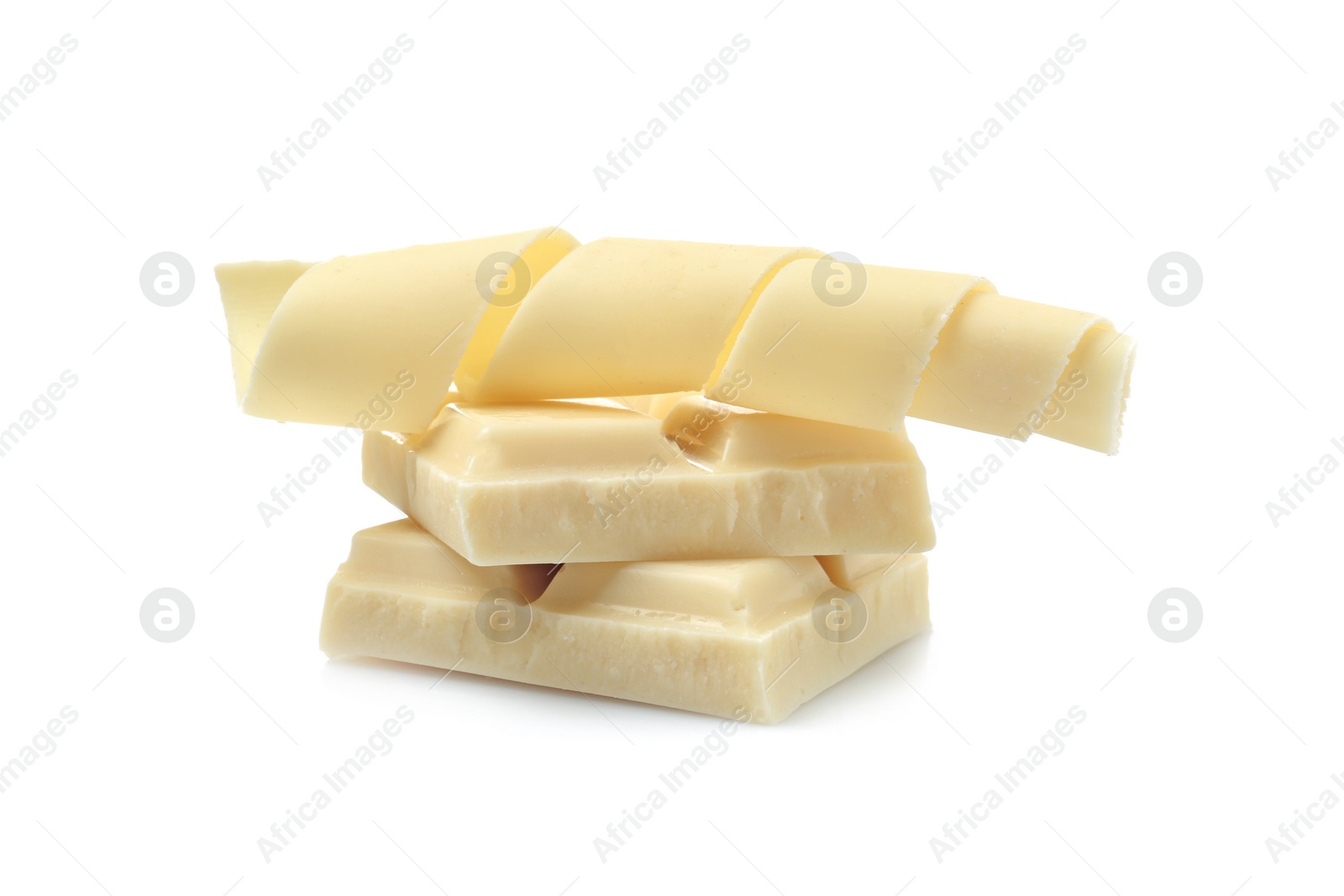 Photo of Yummy chocolate curl and pieces on white background