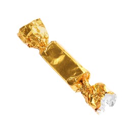 Photo of Tasty candy in golden wrapper isolated on white