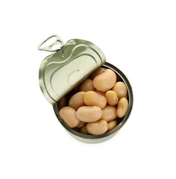 Photo of Tin can of canned kidney beans on white background, top view
