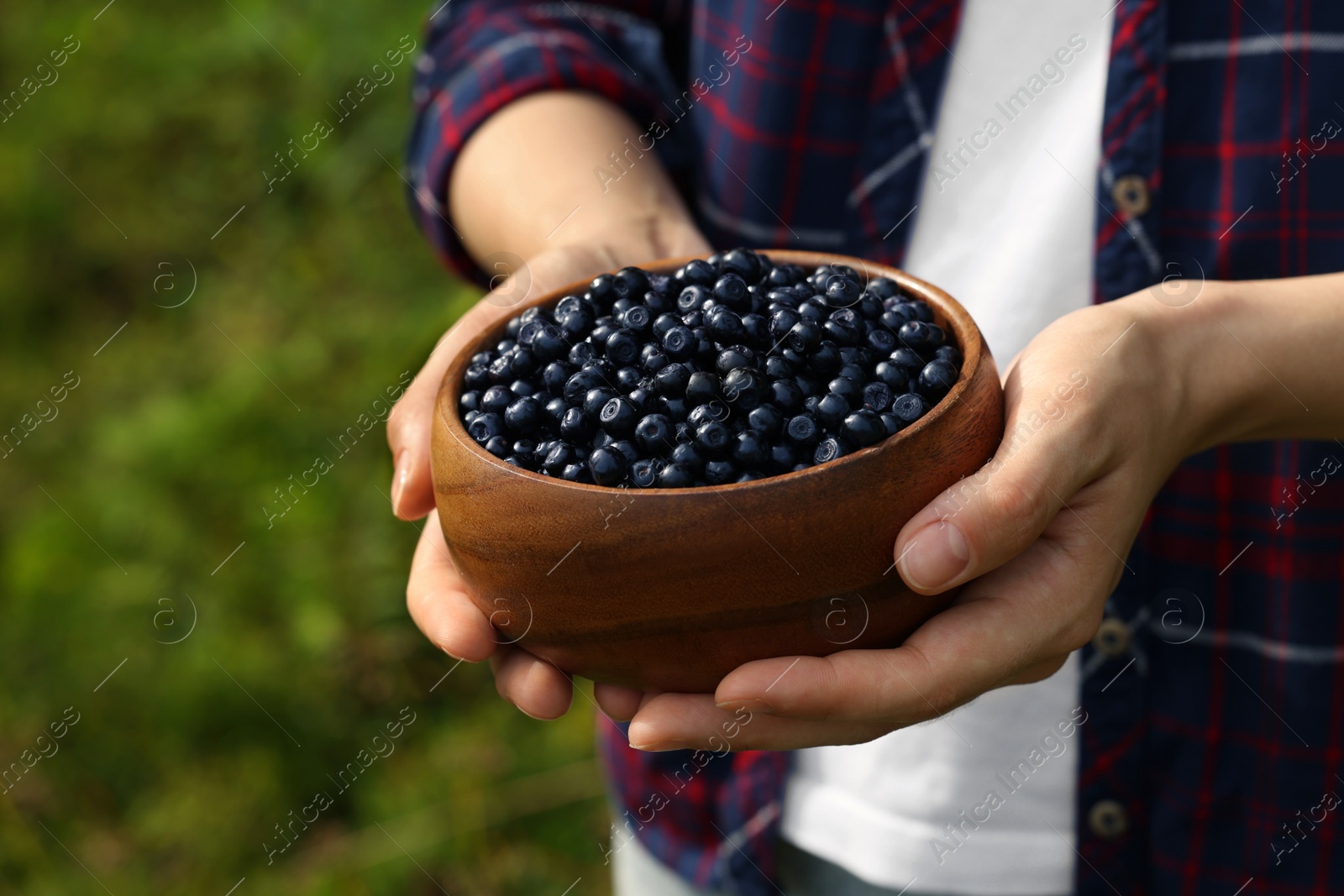 Photo of Woman holding wooden bowl of bilberries outdoors, closeup. Space for text