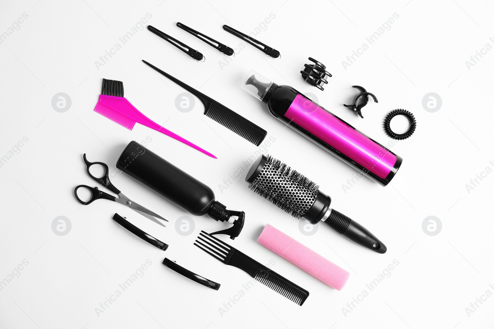 Photo of Professional hairdresser tools on white background