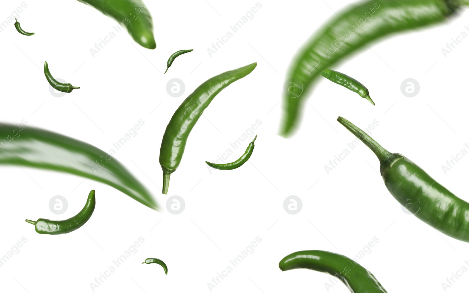 Image of Green chili peppers falling on white background 