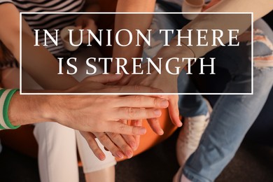 Partnership, union and cooperation. People joining hands together, closeup