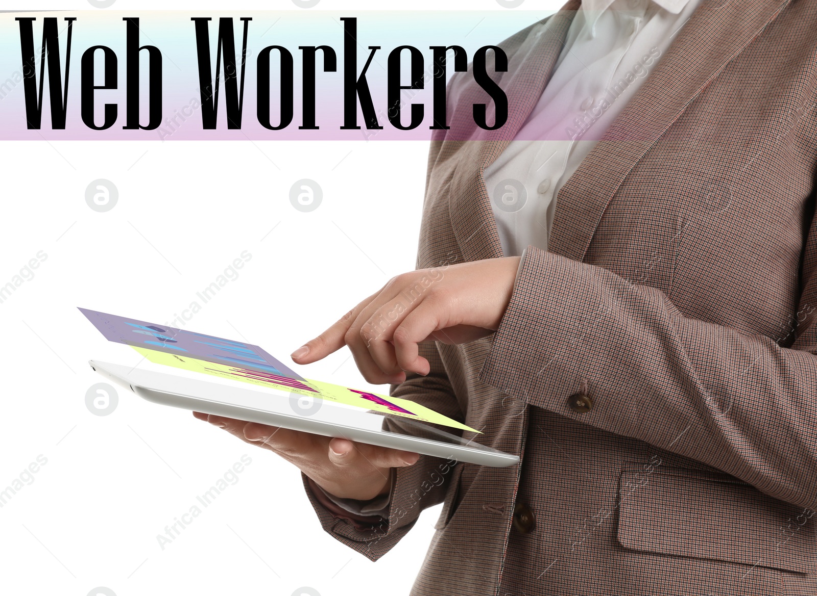 Image of Young woman with tablet on white background, closeup. Web workers