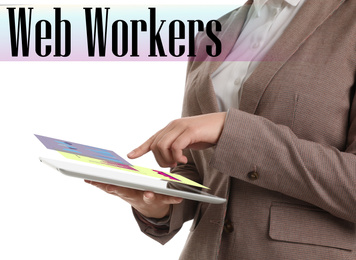 Young woman with tablet on white background, closeup. Web workers