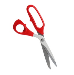 Photo of Pair of sharp sewing scissors on white background