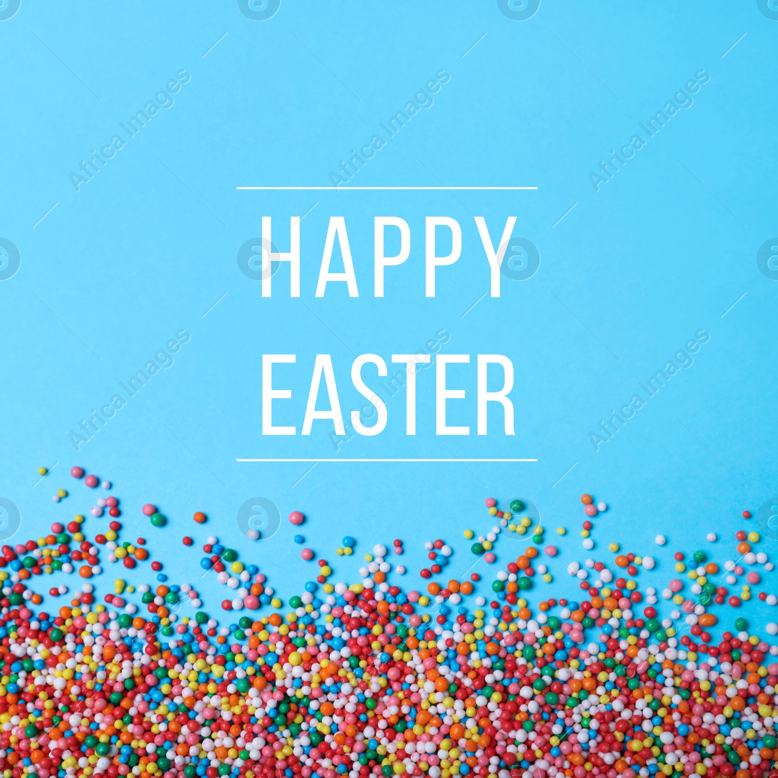 Image of Text Happy Easter and colorful sprinkles on light blue background, flat lay. Confectionery decor