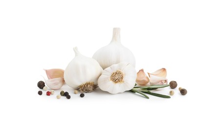 Fresh garlic, peppercorns and rosemary isolated on white