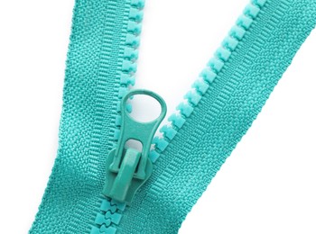 Photo of Turquoise zipper on white background, top view