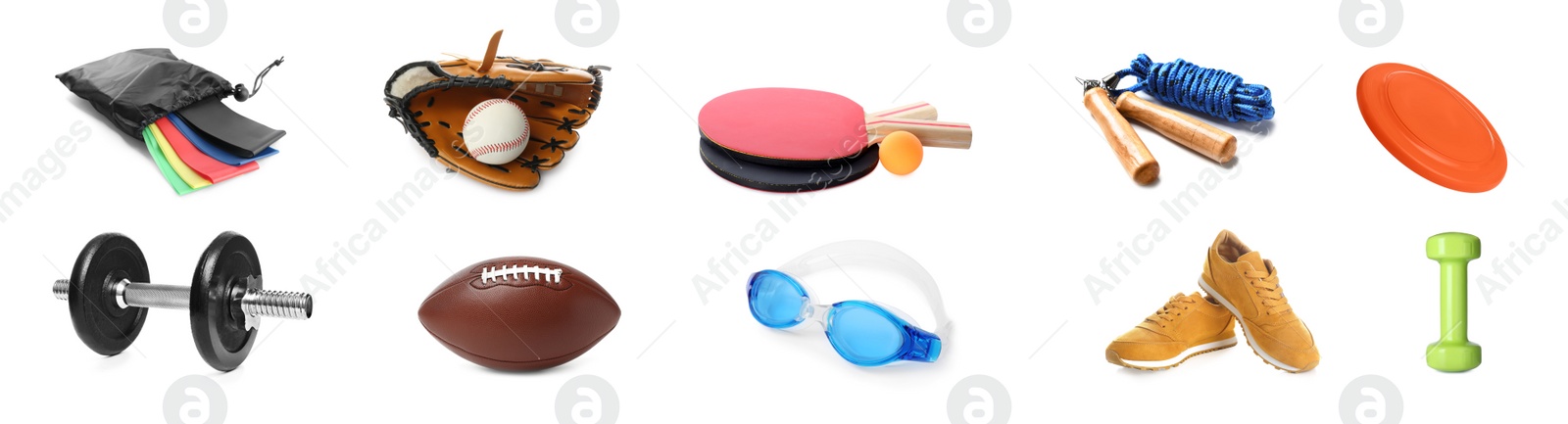 Image of Set with different sports tools on white background. Banner design