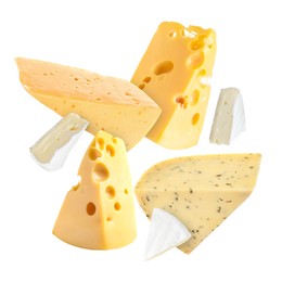 Image of Different kinds of cheese falling on white background