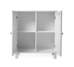 Empty wooden cabinet on white background. Stylish home furniture