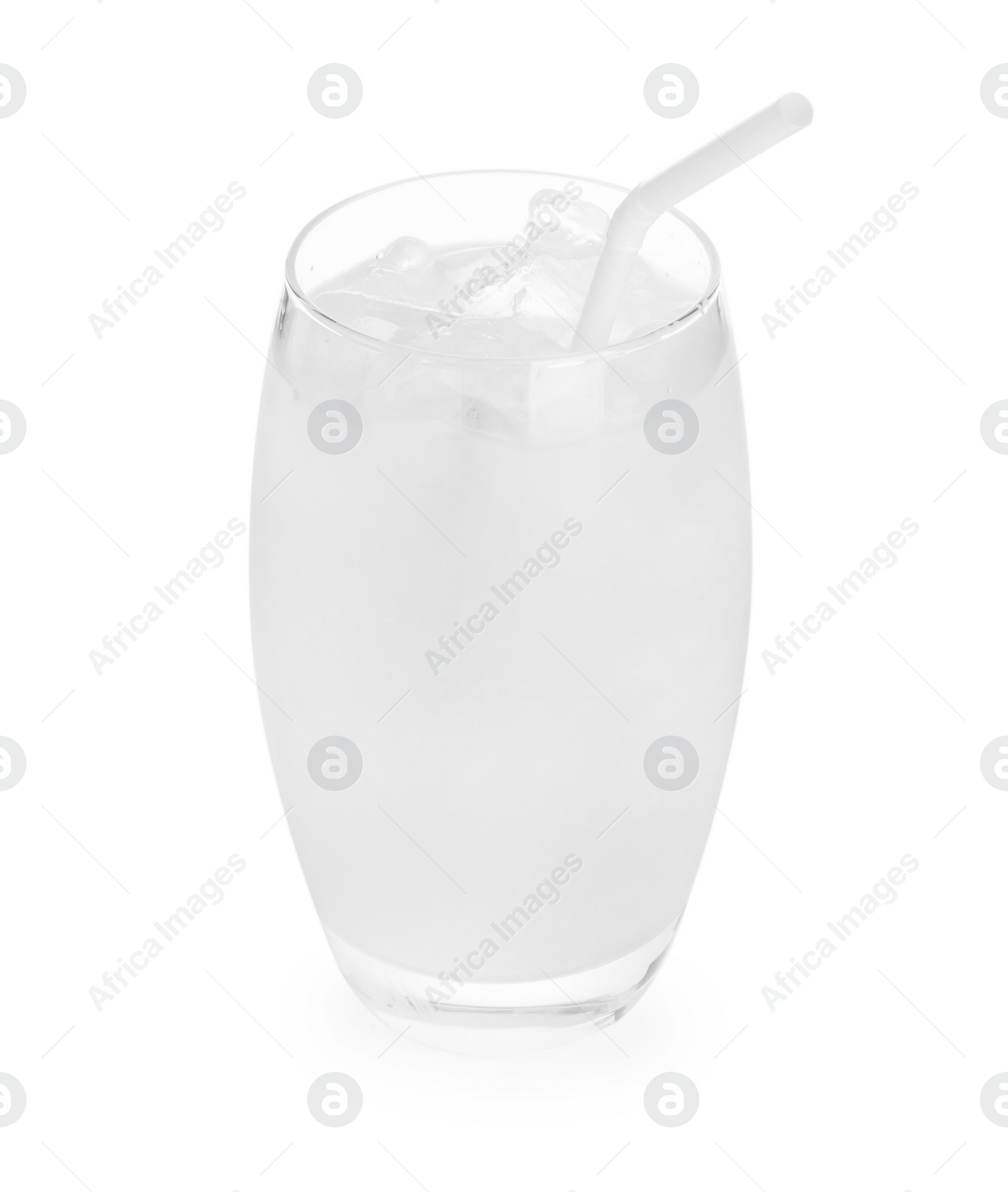 Photo of Glass of coconut water with ice cubes isolated on white