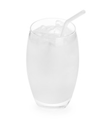 Photo of Glass of coconut water with ice cubes isolated on white