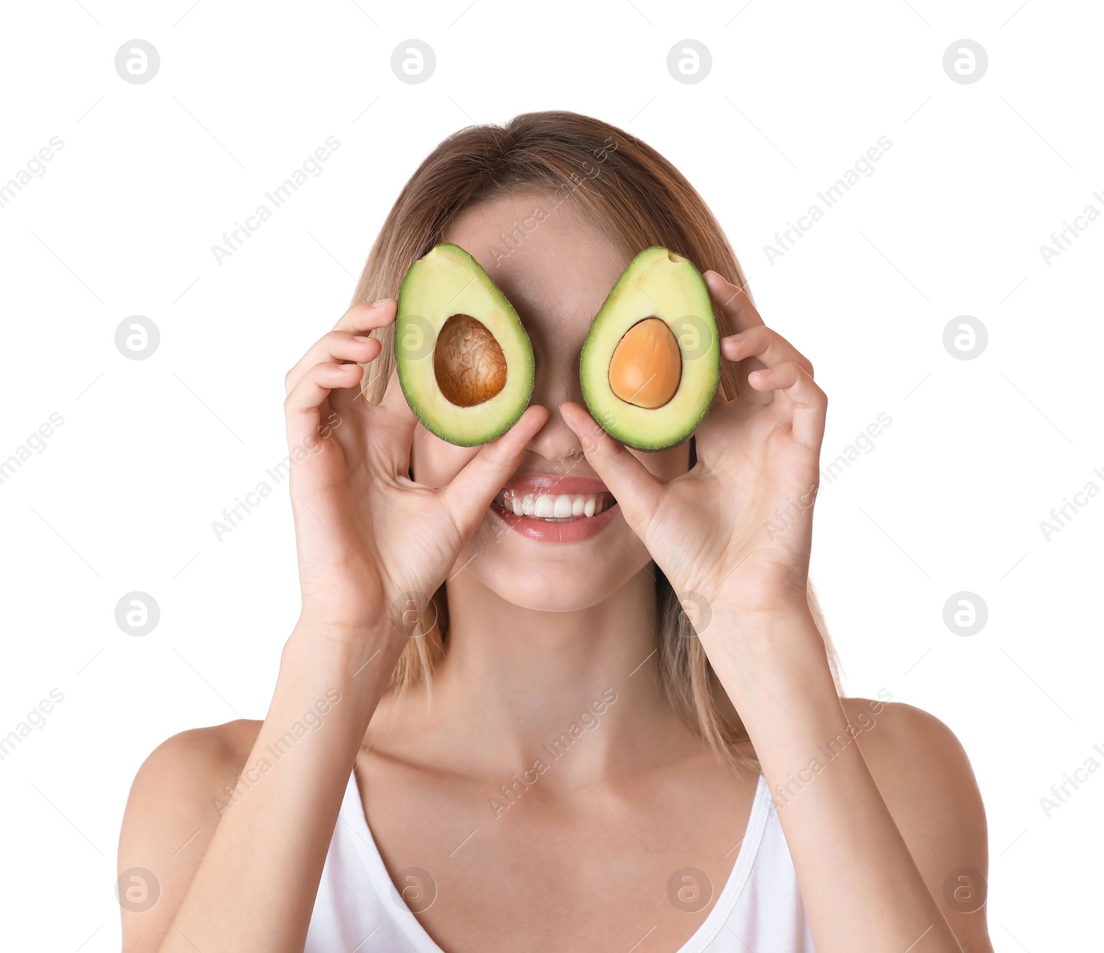 Photo of Portrait of young beautiful woman with ripe delicious avocado on white background