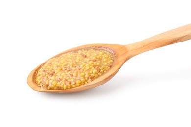 Photo of Wooden spoon with delicious whole grain mustard isolated on white