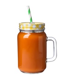 Photo of Fresh carrot juice in mason jar with straw on white background