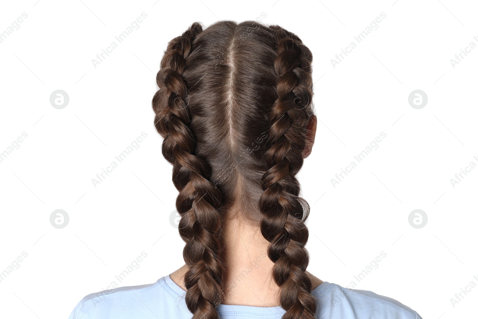 Photo of Woman with braided hair on light background, back view